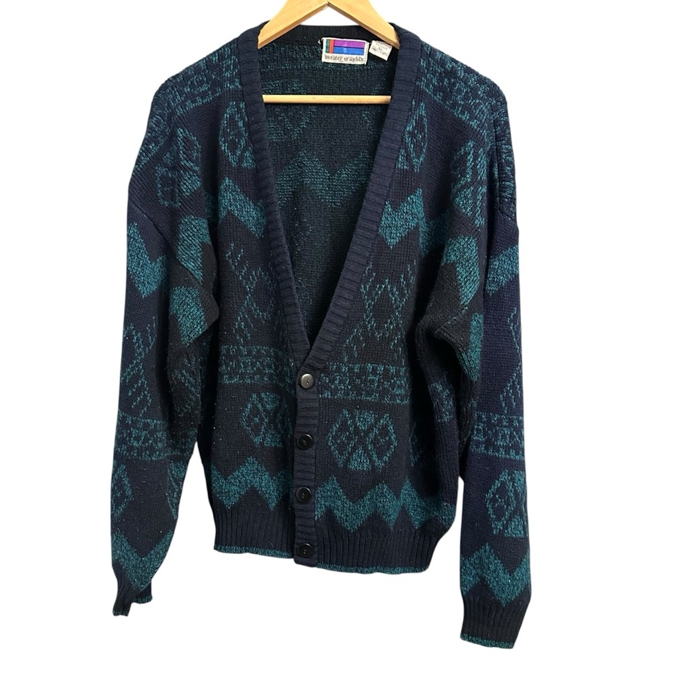 Vtg 90s Sweater Graphix Cardigan Grandpa Grunge Cosby Biggie AOP XL